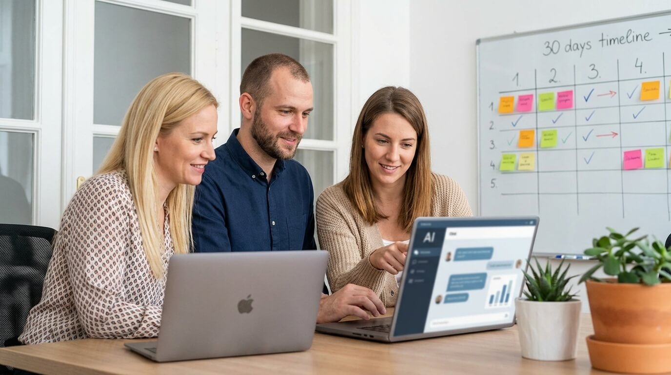 AI bevezetés KKV-nál - magyar kisvállalkozási csapat együttműködik laptop előtt modern irodában, 30 napos AI implementációs terv alapján