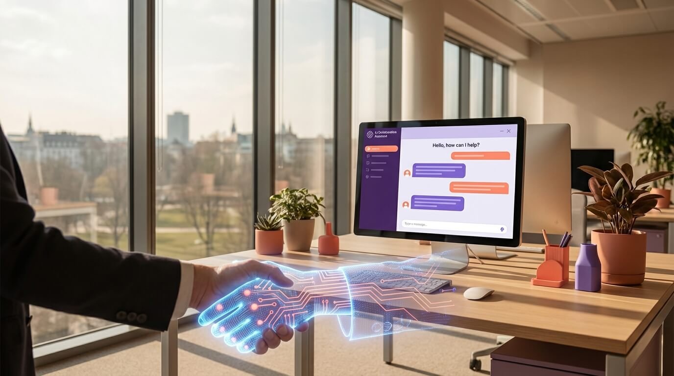 AI chatbot és ember közötti együttműködés — kézfogás irodai környezetben, a Digitális Transzformáció chatbot megoldása